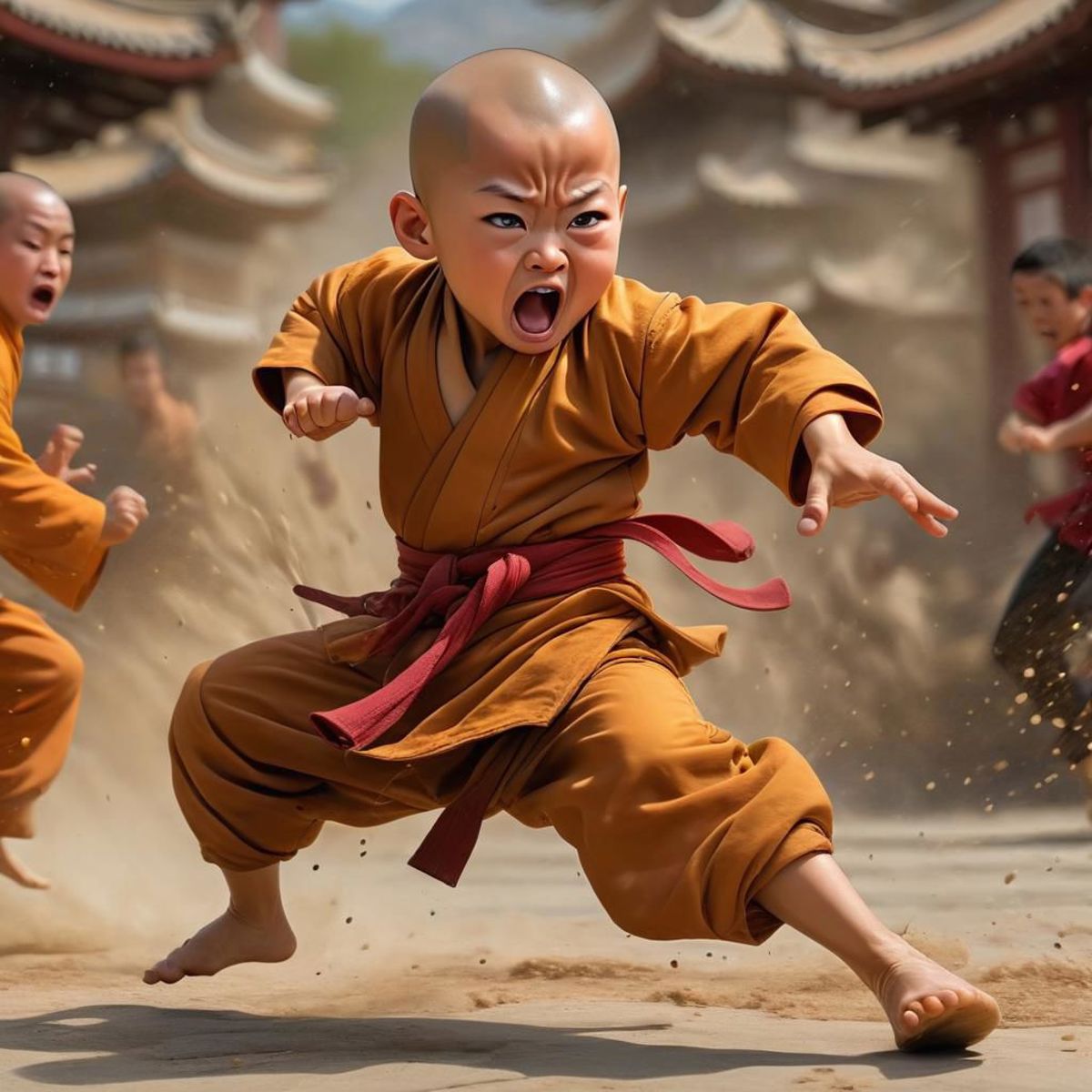 A young child in a karate outfit is yelling while kicking up sand.