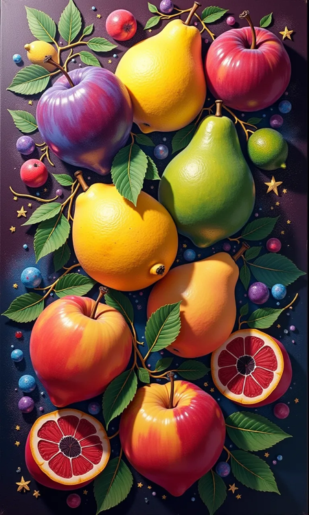 A 3D acrylic on canvas with a matte finish of a whimsicalcore fantasycore cosmiccore scene. There is a fruit spectacular of plums, lemons, pears, limes, and nectarines. The fruits are floating in the air, and each fruit has a unique cosmic pattern. The background is a maroon and white background with a fantastical design in the style of Piper Bangs.