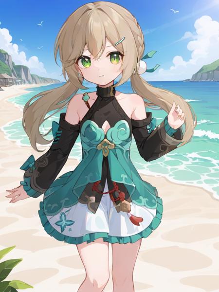 <lora:xl_ééæµè¯0.6æ­£å+å¤ç´ æ-000014:1>,qingque girl,low twintails,green eyes,light brown hair,Special clothing,beach,