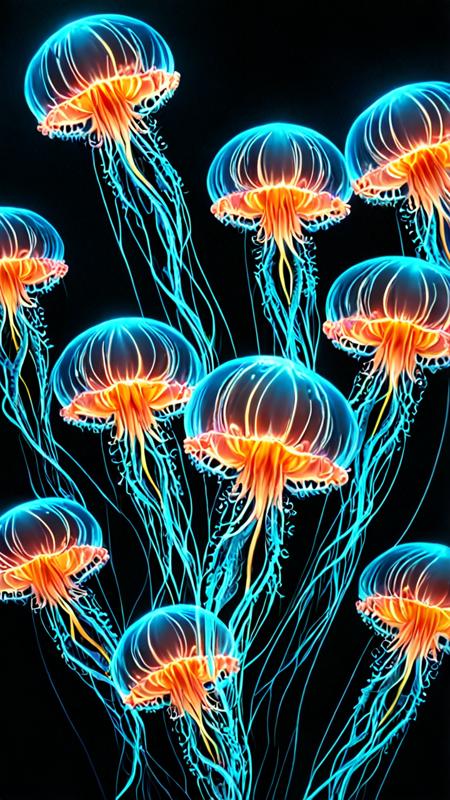 novuschroma70 style neon Jellyfish fractal, A serene group of light blue jellyfish floats gracefully in the pitch-black depths of the ocean, its delicate long tentacles trailing behind it like an intricate lace. A dramatic and unusual scene. A world of beauty. Vintage style with retro filter. Toning effects for Instagram, breathtaking photos. <lora:novuschroma70 style_:1.4>
