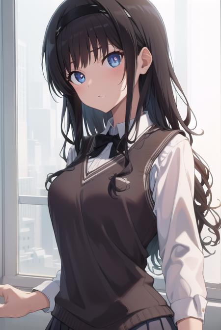 harukamorishima, <lora:harukamorishimatest:1>, haruka morishima, long hair, black hair, hairband, black hairband,
BREAK kibito high school uniform, school uniform, sweater vest,,
BREAK looking at viewer,
BREAK indoors, classroom,
BREAK <lora:GoodHands-vanilla:1>, (masterpiece:1.2), best quality, high resolution, unity 8k wallpaper, (illustration:0.8), (beautiful detailed eyes:1.6), extremely detailed face, perfect lighting, extremely detailed CG, (perfect hands, perfect anatomy),