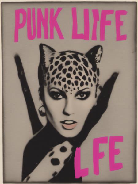 slogan: "punk Life"xerox of a cat head woman, leopard spots, goddess, hands up, punk style, simple, popart, mixed media, slogan  <lora:so77-XL-000008:0.5>