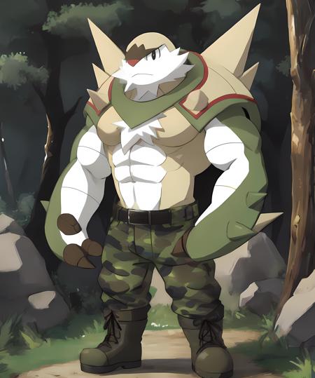 chesnaught, standing, (forest):0.75, (black bandana, camo pants, olive shirt, olive boots):1.1, (muscular):1.1, nsfwEM <lora:Chesnaught-15:0.85>