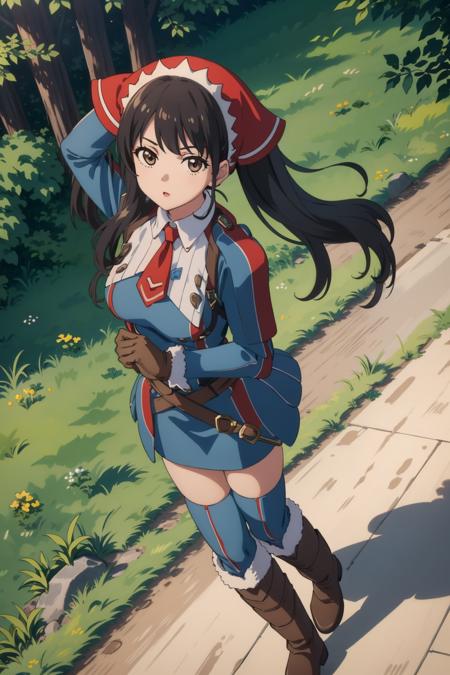 masterpiece, 4K, best quality, alicia melchiott, headdress, red necktie, military uniform, gloves, blue thighhighs, boots, field, walking, from above, trees, looking up at viewer <lora:alicia-nvwls-v1-000009:1.0>