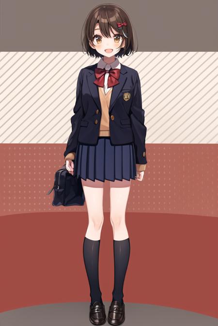 <lora:shigure:1>1girl, solo, skirt, jacket, socks, shoes, smile, bag, loafers, bow, kneehighs, blush, blazer, bangs, shirt, standing, :d, striped, bowtie, sweater, hairclip, brown hair, brown eyes, open mouth, school uniform, full body, pleated skirt, brown footwear, diagonal stripes, black socks, open jacket, open clothes, white shirt, long sleeves, red bow, school bag, looking at viewer, short hair, collared shirt, polka dot, black jacket, striped background, hair ornament, blue skirt, red bowtie, sleeves past wrists, polka dot background, grey skirt, shoulder bag