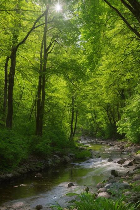 A serene river winding through a lush spring forest, 
the water reflecting the vibrant green leaves and soft sunlight filtering through the canopy. No humans, 
just nature.