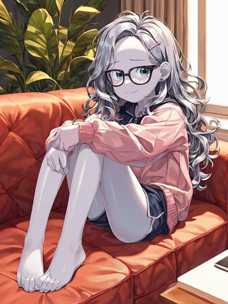 Lake, MT,  Mirror Tulip, chrome skin. shiny, cartoon, hoodie, glove, miniskirt, leggings, boots, chrome clothes ponytail, glasses, hair clip long frizzy hair short tomboy hair buzzed shaved head torn black shirt, gray pants, brown boots