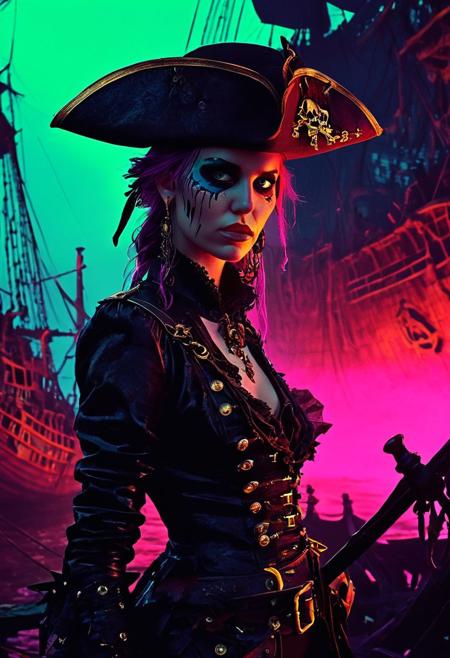 captivating pirate captain with a tricorn hat, commanding her crew on a cursed ship
silhouette ,
in the style of the decaying empire of Wrstreich, dark magic and grotesque creatures abound, inspired by Sean Aaberg's punk aesthetic, dark fantasy world combines grim landscapes with vibrant, exaggerated neon colorful art, old 80's VHS dark fantasy, VHS screen grab, grainy, old footage