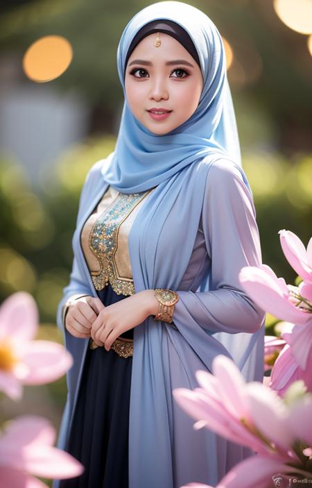 wanita cantik memakai hijab, rok panjang, di taman penuh bunga,
(photography, realistic, bokeh, blur),