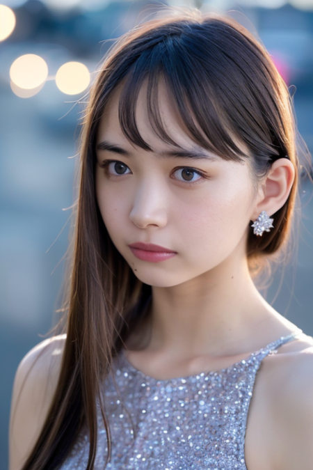 1girl wearing a glittery dress,in front of Tokyo Tower,(RAW photo, best quality), (realistic, photo-realistic:1.4), masterpiece, an extremely delicate and beautiful, extremely detailed, 2k wallpaper, Amazing, finely detail, extremely detailed CG unity 8k wallpaper, ultra-detailed, highres, soft light, beautiful detailed girl, extremely detailed eyes and face, beautiful detailed nose, beautiful detailed eyes,perfect anatomy,soft light,slender body,standing,city lights at night