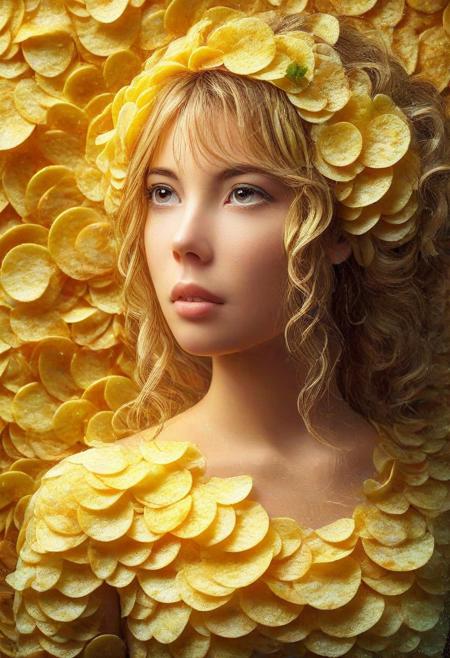 Masterpiece, best quality, 1girl, p1nkch1ps, made out of potato chips