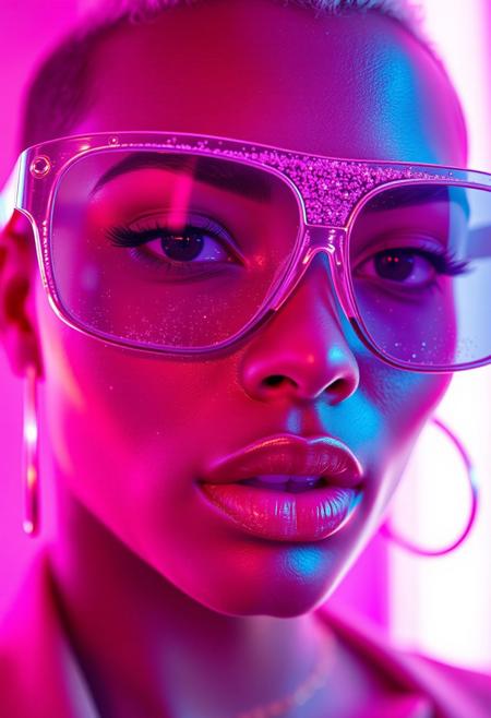 Neon-lit close-up, A hyper-realistic long shot of a beauty supermodel sexy honey brown woman face, big lips, stylishly detailed buzz cut bathed in neon pink and purple light with glittering particles on her skin, neon sunglasses with glitter textures patterns, fashion magazine style, beautiful background, Use soft colors and a shallow depth of field