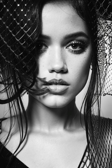 Fine art photography surreal. Surrealistic Portrait of a woman. Weird Peculiar. Helmut Newton photography style, Curly Spanish girl with big lips portrait, at 90mm lens at f0.95 bw, style raw, (intricate details, hyperdetailed:1.15) (skin texture:1.2)  <lora:Jenna_Ortega_640x960:0.85>