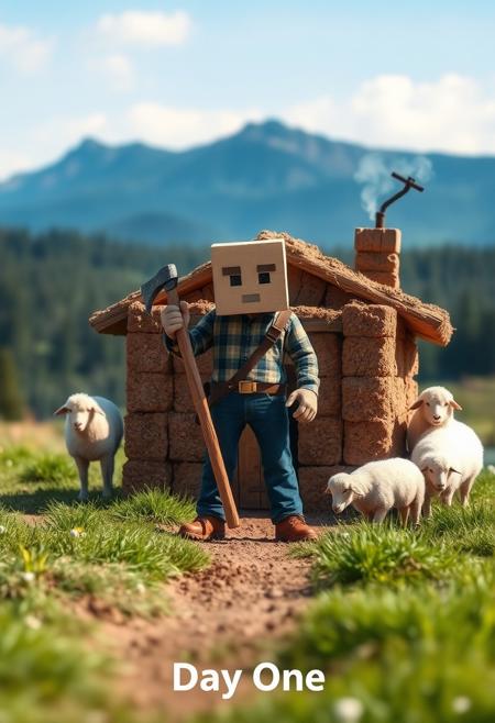 Hyper-realistic photograph. In the background we see a distant forested mountain range under a blue sky.
The main subject of the photograph is a man standing in the middle holding a wooden pick axe. This man has a square head and a square body, he is real but looks like a videogame character. He stands in front of a simple dirt house made of square dirt blocks with a wooden plank door and a smoking chimney.
On the side of the house a small group of fluffy white sheep graze in the grass, they too are square, a square head and square body.  
Text at the bottom of the image reads "Day One"
