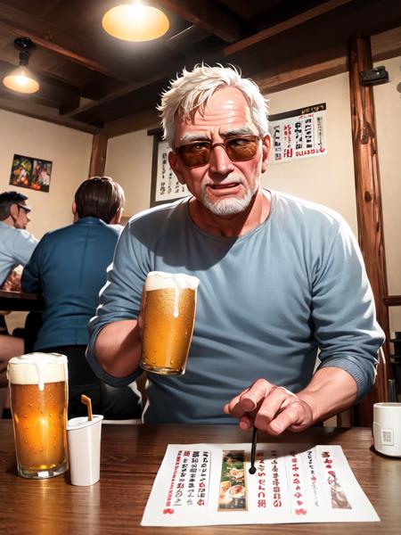 masterpiece, best quality, ultra-detailed, illustration,
murayakuba, izakaya, indoors, lamp, ceiling light, wooden floor, poster (object), 
multiple boys, (older man), silver hair , short cut, (mascular male:1.5), (sunglasses), cowboy hat, laughing, beer mug, beer, salad, food,karaage,
 <lora:Murayakuba:1>