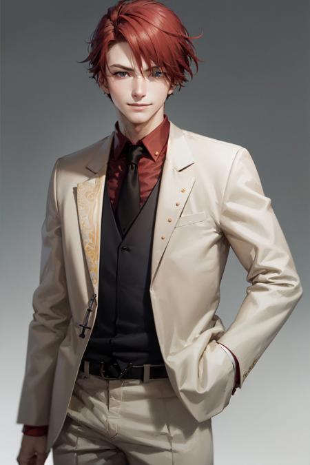 (masterpiece, best quality:1.2), <lora:umineko_ushiromiya-11:1>, cowboy shot, solo, male focus, 1boy, ushiromiya battler, smile, closed mouth, looking at viewer, red hair, hand in pocket, formal, white suit