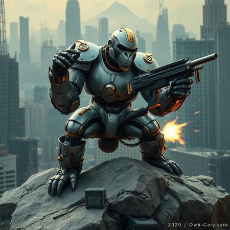 Create a highly detailed, 4K image of a gorilla robot on a rocky outcrop, inspired by Uragami Gyokudō and Alphonse Mucha's Art Nouveau style, with sleek silver armor and golden accents, in a dynamic pose under heavy fire, set against a dark pastel-colored metropolis background with micro details and lifelike textures, incorporating Japanese text, and adhering to the golden ratio. Ensure the image is ultra-wide angle, hyper-realistic, and has an alluring, high-fashion aesthetic, reminiscent of Naomi Campbell. Include advanced technology UI elements and maintain a balance between light and dark pastel colors.