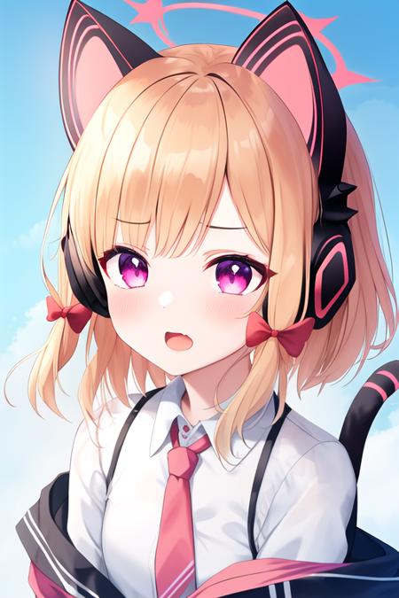 masterpiece, best quality, highres, solo, {momoi_bluearchive:1.10}, animal_ears, blonde_hair, fake_animal_ears, headphones, animal_ear_headphones, cat_ear_headphones, bow, halo, hair_bow, bangs, short_hair, open_mouth, pink_eyes, blush, necktie, tail, blue_necktie, cat_ears, cat_tail, red_bow, red_eyes