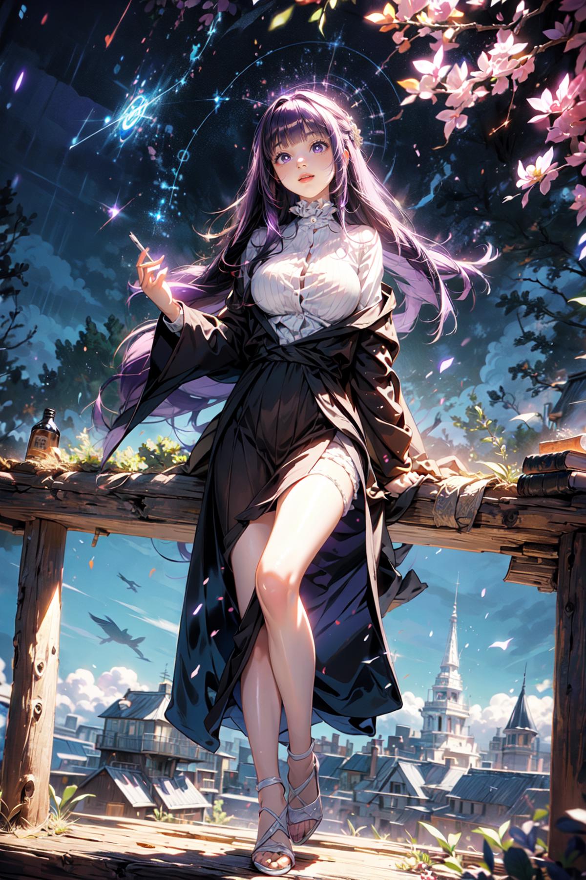 A beautiful anime woman in a flowing coat and white dress stands near a fence.