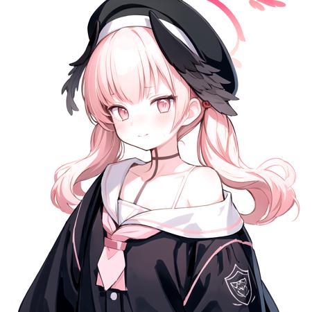 koharu, 1girl, halo, pink hair, pink eyes, head wings, twintails, blue archive
school uniform, black shirt, off shoulder, beret, hat, low wings
wavy mouth, closed mouth
upper body, (simple background, white background:1.9), <lora:chara-koharu-v3:1>