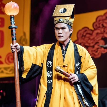 Jay Chou as a Maoshan Taoist priest in a yellow robe, performing a ritual on a large concert stage, in a realistic style. He holds a peach wood sword in one hand and a microphone in the other, combining the worlds of ancient mysticism and modern music. The stage is elaborately designed with dramatic lighting, amplifying the fusion of Taoist elements and a contemporary concert setting. The background is filled with a massive, energetic crowd, captivated by the unique performance. The image captures the intensity and charisma of Jay Chou, with a focus on the intricate details of his Taoist attire and the dynamic energy of the concert <lora:dosifuku:0.7>,   (hat),