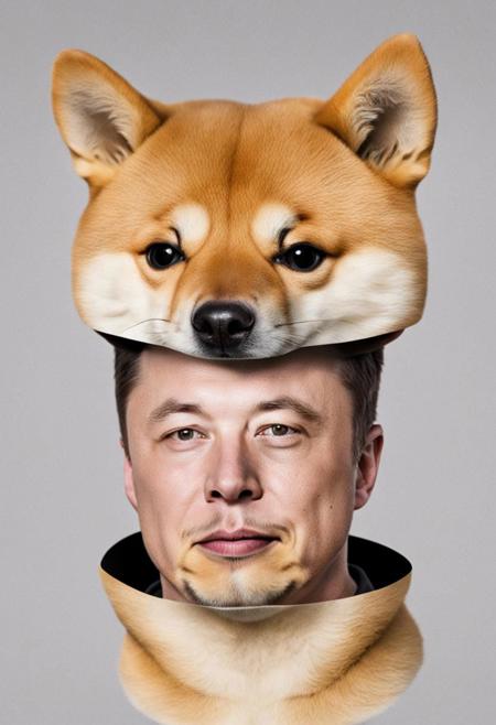 split verticaly,, Elon Musk head inside a Shiba head,