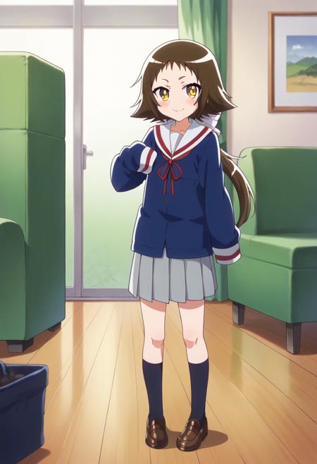 mashiro, long hair, brown hair, very long hair, ponytail,   long sleeves, dress, pantyhose, white pantyhose, green dress, skirt, long sleeves, sleeves past hands, ribbon, school uniform, yellow eyes, ponytail, pleated skirt, shoes, brown shoes,