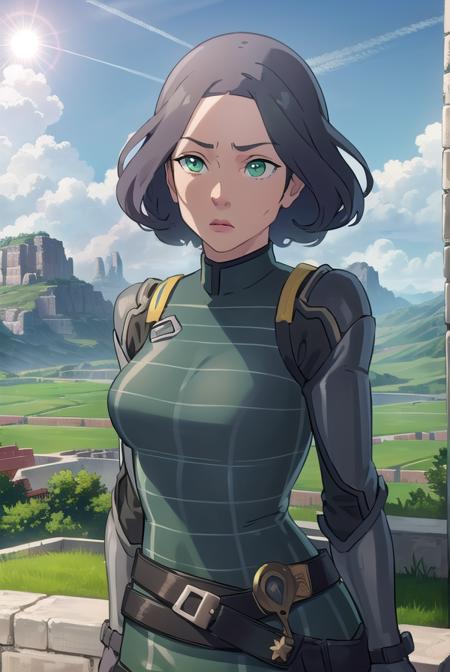 avatarlin, <lora:avatar lin-lora-nochekaiser:1>,
lin, short hair, grey hair, (green eyes:1.5),
BREAK gloves, boots, belt, fingerless gloves, armor, breastplate, greaves,
BREAK outdoors, forest, nature, grass, trees, sun, sky, clouds,
BREAK looking at viewer, (cowboy shot:1.5),
BREAK <lyco:GoodHands-beta2:1>, (masterpiece:1.2), best quality, high resolution, unity 8k wallpaper, (illustration:0.8), (beautiful detailed eyes:1.6), extremely detailed face, perfect lighting, extremely detailed CG, (perfect hands, perfect anatomy),