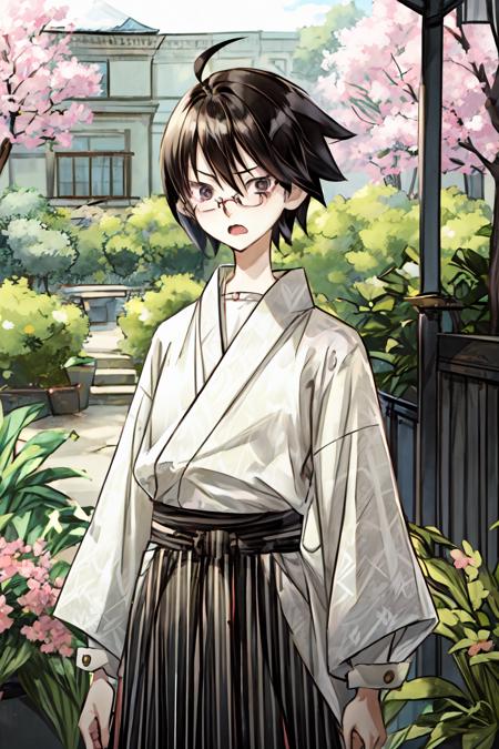 (masterpiece:1.2), ultra detailed, <lora:ItoshikiNozomu:0.8>, Itoshiki, glasses, hakama, kimono, garden, sakura, (sad:1.3), shaded face,despair, open mouth, best quality, looking at the viewer, <lora:Adddetail:0.8>