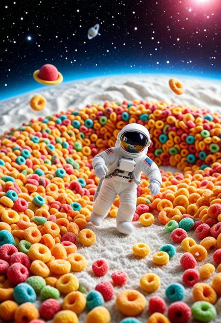 Tilt shift photography style, novuschroma51 style, Diorama page, plushify, character stuffed toy, The land made of fruit loops, astronaut, running, ( Unmanned:1.2), nebula made of fruit loops background,