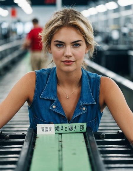 cinematic photo professional fashion close-up portrait photography of a ((ohwx woman)) at conveyor during Midday, Nikon Z9,  mole <lora:kateupton_dh128_lora_v2b:1.1> . 35mm photograph, film, bokeh, professional, 4k, highly detailed