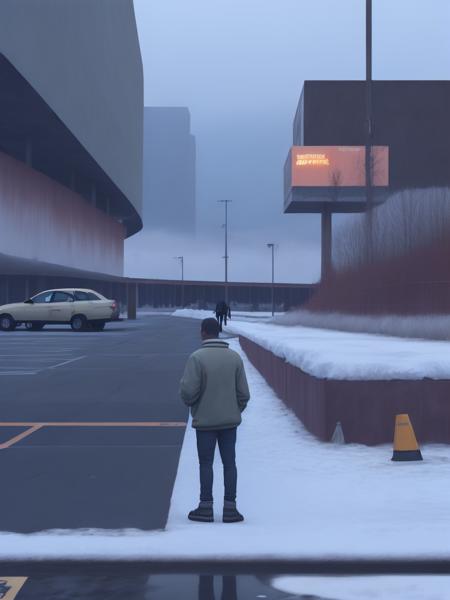 <lora:21Stalenhag:1>a man standing on a sidewalk next to a parking lot by Simon Stlenhag