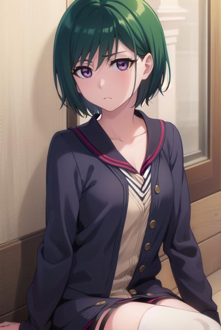 nozomi, short hair, green hair, (purple eyes:1.1), nozomidefault, thighhighs, school uniform, black thighhighs, sailor collar, zettai ryouiki, cardigan, nozomishinigami, japanese clothes, kimono, hakama, black kimono, black hakama,