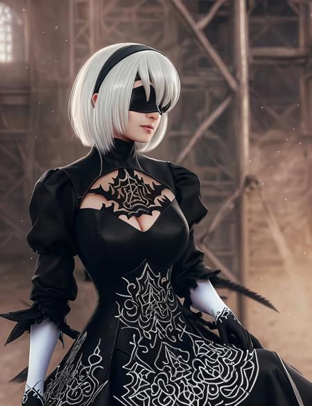 a woman, 2B, black blindfold, detailed, detailed dress, posing, by conor harrington <lora:2B:0.75>, (Artstation:1.3), (intricate:1.1), (elegant:1.1), (highly detailed:1.2), (great eye detail:0.7), (glowing eyes:0.5), (digital painting:1.2), (smooth:1.1), (sharp focus:1.2), (illustration:1.1), (3d:0.9), (3d_bacground:0.9), 8 k., ,"(intricate details:0.9), (hdr, hyperdetailed:1.2)