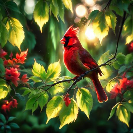 morph-aurora,dark, chiaroscuro, low-key, breathtaking masterpiece showcasing a gorgeous red Cardinal bird, crimson-crowned nymph,  bathed in soft, golden morning light, surrounded by vibrant bokeh green leaves that frame its delicate form. <lora:aurora_0_100_V1-000009:1>