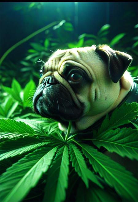 420futurism, closeup shot, from side, pug made of leaves, green leaves, cinematic, cinematic lighting, (masterpiece, best quality:1.4), ultra-high res, 4k, Photorealistic, insanely detailed, sfw,
