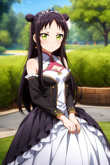 masterpiece, best quality, 1girl, solo, long hair, looking at viewer, blush, black hair, yellow eyes, hair bun, double bun, princess gown, gown , frill, tiara headwear, teria_wang, outdoor