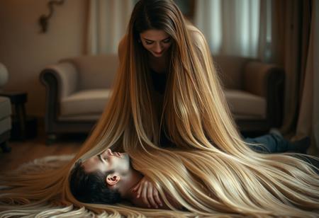 A woman with extraordinarily long, floor-length hair stands over a man lying on the floor. Her silken tresses cascade down, enveloping him completely, wrapping around him like a living blanket of flowing hair. The scene is intimate and serene, bathed in warm, ambient light. The woman gazes down with a calm, caring expression, while the man lies beneath the luxurious strands, relaxed and savoring their soft embrace. The setting is indoors, exuding a cozy and elegant atmosphere.