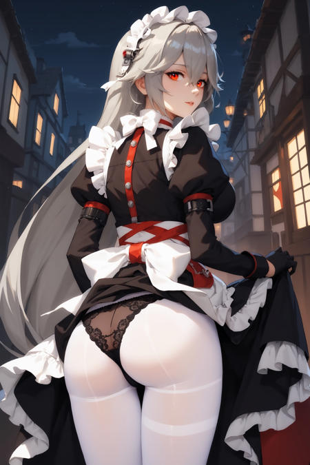 imtdrina, very long hair, red eyes, maid headdress, maid, bangs, large breast, grey hair, frills, gloves, apron, hair between eyes, dress, long sleeves, white pantyhose, bow, puffy sleeves