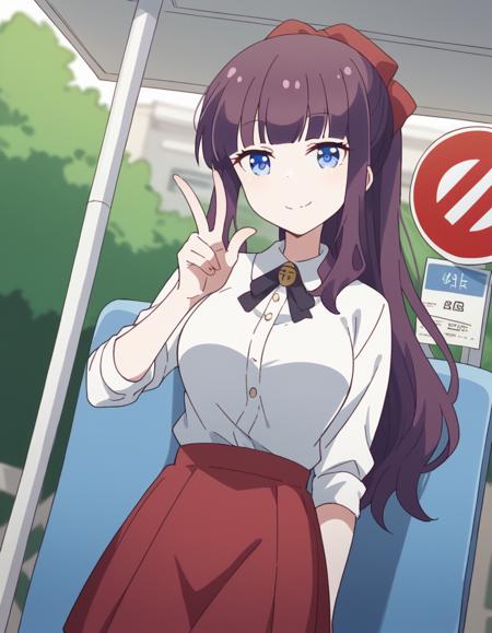 hifumi takemoto, long hair, bangs, blue eyes, bow, ponytail, purple hair, hair bow, medium breasts skirt, shirt, thighhighs, white shirt, black thighhighs, red skirt,