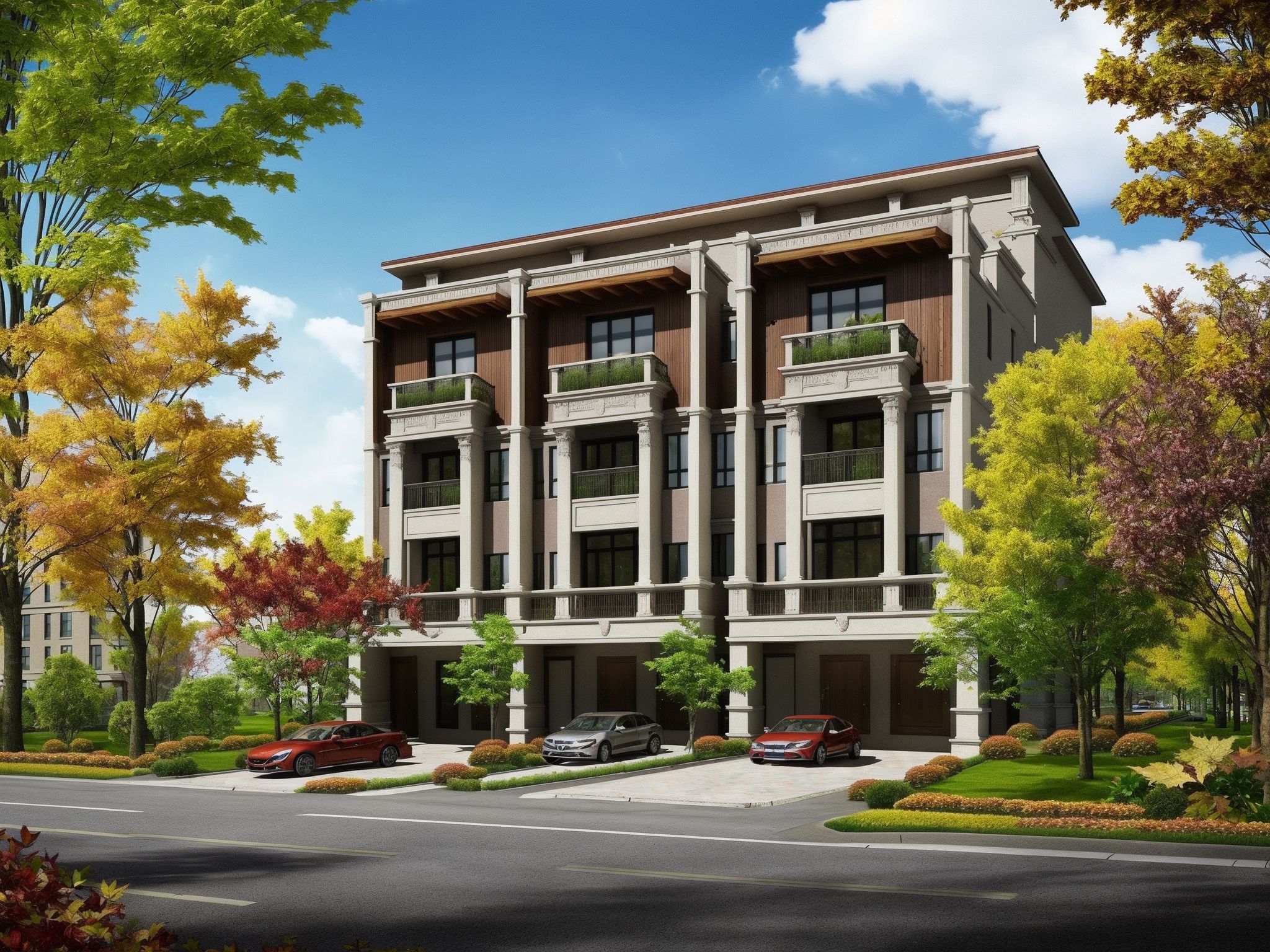 <lora:JJsRowHouse:.7>,((best quality)),((masterpiece)),((realistic)), , photorealistic,  ((Rowhouse)),  car, motor vehicle, outdoors, sky, ground vehicle, scenery, building, city,  road,  cloud, crosswalk, real world location, lamppost, tree, street, cityscape ,cloud , sidewalk, wood ,bush ,flower ,autumn leaves,