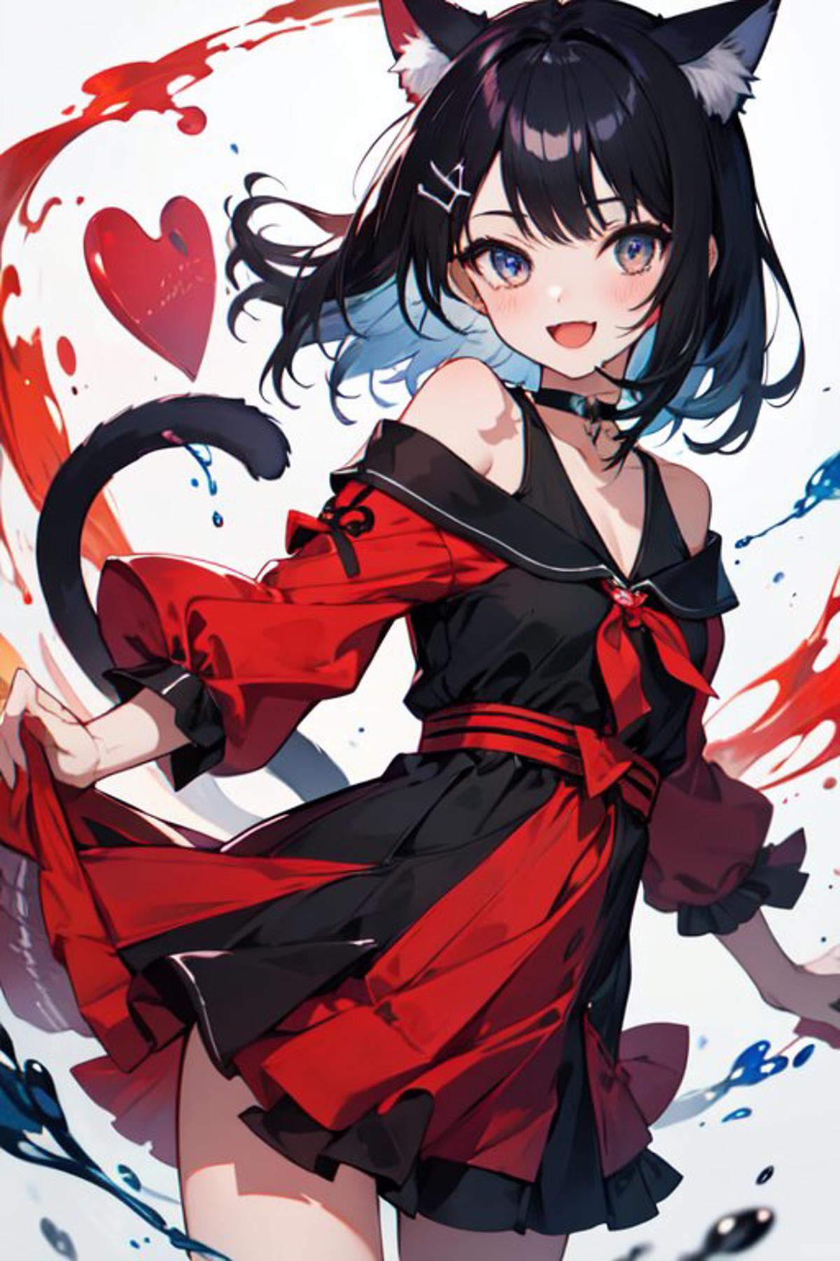 anime girl black hair red eyes neko