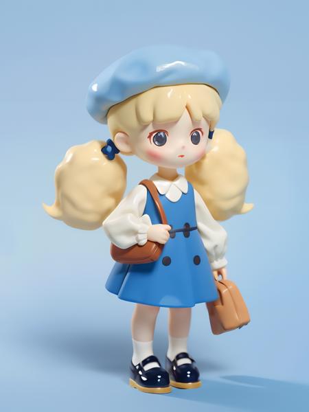 blindbox, 1girl, solo, blonde hair, long sleeves, hat, dress, twintails, standing, full body, food, shoes, bag, black eyes, low twintails, beret, blue dress, light blue background, blue footwear, blue headwear,  blueberry,   <lora:cute_blindbox_v1:0.7>