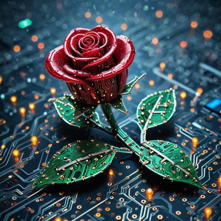 ,pcb_style,  best artist, best shadows, best lighting, best textures, masterpiece, 
Rose made of circuit board, glowing lights, cyberpunk, dewdrops, bokeh,