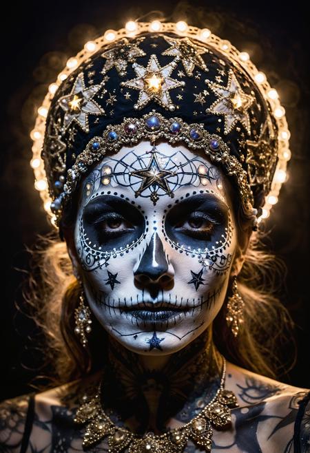 An image of a woman skull with stars painted on her face, intricate embellishments, contemporary art, backlight, carnivalesque, detailed atmospheric portraits, sgrafitto
