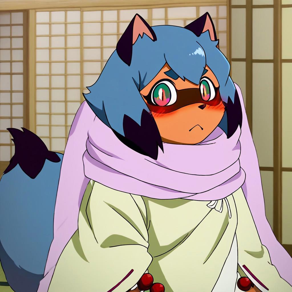 furry, purple scarf, yellow eyes, cat, upper body, blush, bead bracelet, japanese clothes, tail, thick eyebrows, looking at viewer
Michiru kagemori