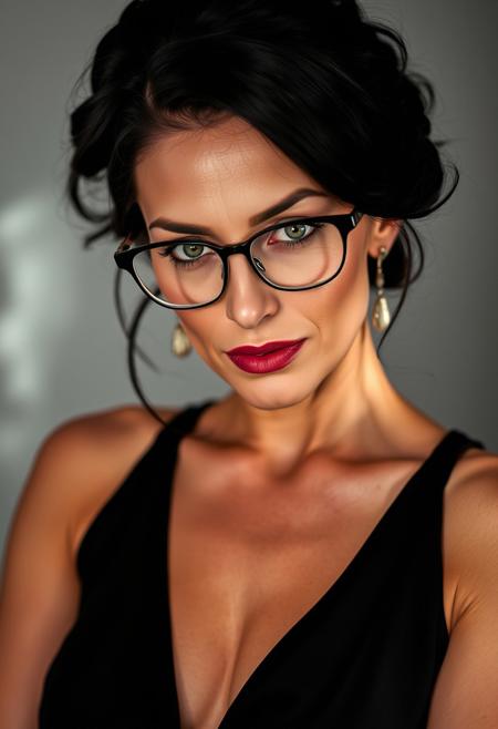 A captivating, elegant, and dominant 45-year-old Caucasian woman, exuding confidence and allure. She has long, flowing black hair styled in a sophisticated updo, framing her face and drawing attention to her piercing green eyes. Her gaze is intense, locked onto the viewer with a sensual, sure-of-herself expression. She wears a pair of elegant, intellectual glasses that enhance her allure. Her makeup is professionally applied, emphasizing her natural beauty with a touch of sophistication. She is dressed in a form-fitting, sexy, yet elegant dress that accentuates her gorgeous curves. The lighting is dramatic, casting shadows and highlights that emphasize her confident and alluring persona.