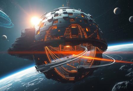 a dyson sphere under construction, planets around the star, spaceship, high detailed, masterpiece, 4K