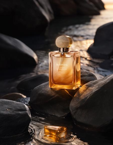 anse,Men's perfume, rocks, water, bright light,octane render, unreal engine, film grain, bokeh, blur foreground, blur background,gradient background,blur