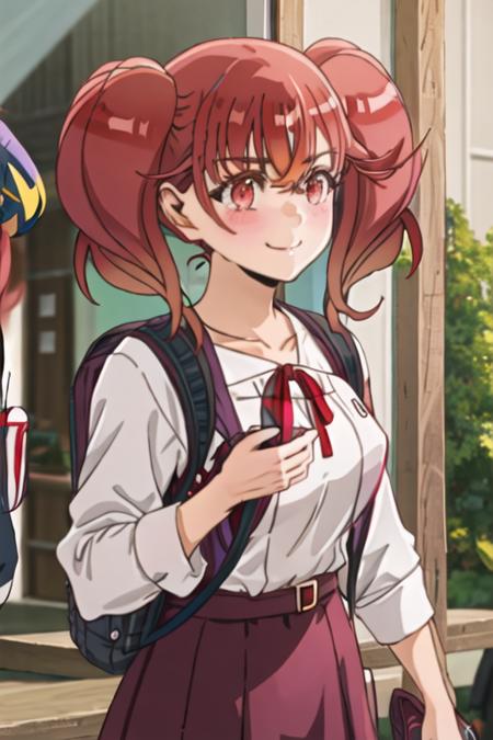 best quality, masterpiece, highres, solo, {sakurabakoma_edomaeelf:1.15}, red_hair, twintails, red_eyes, ribbon, neck_ribbon, bangs, red_ribbon, blush, 1girl, backpack, bag, closed_mouth, collarbone, outdoors, shirt, smile, upper_body, white_shirt, jacket, breasts, brown_hair